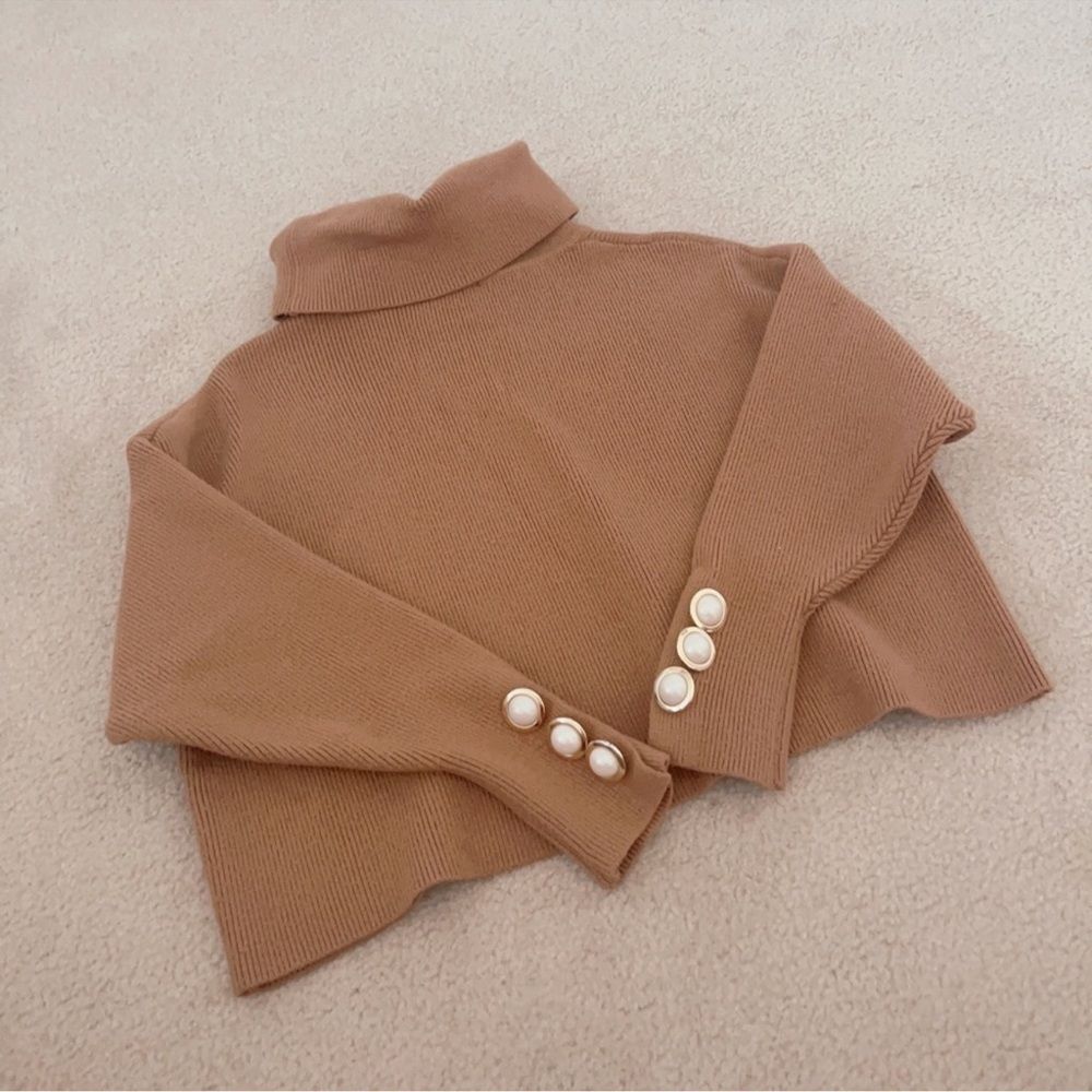 Zara Camel Turtleneck Cowl Neck Sweater w/ Faux Pearl Buttons - Picture 6 of 7